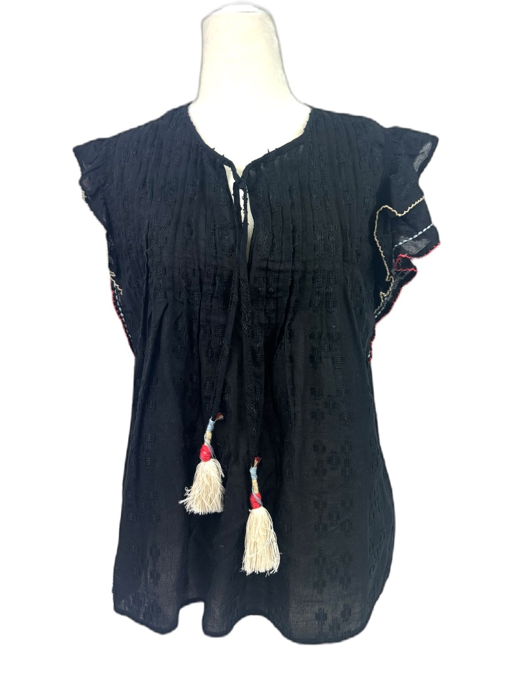 ACOS&A Flamenco Embroidered Ruffle Sleeveless Top Black Cotton Sz Small Women’s